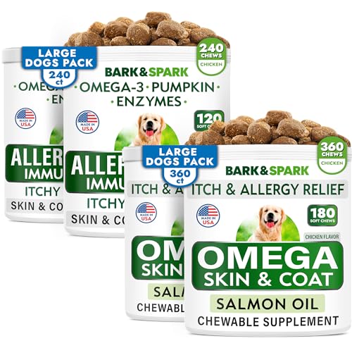 BARK&SPARK Allergy Relief + Omega 3 Bundle - Anti-Itch Skin & Coat + Skin Allergy - Omega 3 Fish Oil + EPA&DHA Fatty Acid - Itching&Paw Licking + Joint Health - 240 Chews + 360 Chews - Made in USA
