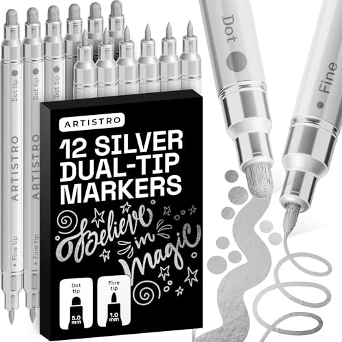 Image of ARTISTRO 12 Silver Dual-Tip Acrylic Paint Markers - Paint Pens Set with Dot & Fine Tips for Fabric, Rock, Glass, Wood, Coloring Books - Arts & Crafts Gift - Classroom Must Haves & School Supplies