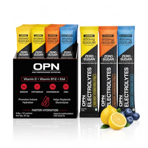 Image of OPN Electrolytes Assorted Flavours | Orange + Lemon + Blueberry 850mg Sodium | Zero Sugar | Vitamin C, B12 + EAA | (Pack of 1) 12 Sachets