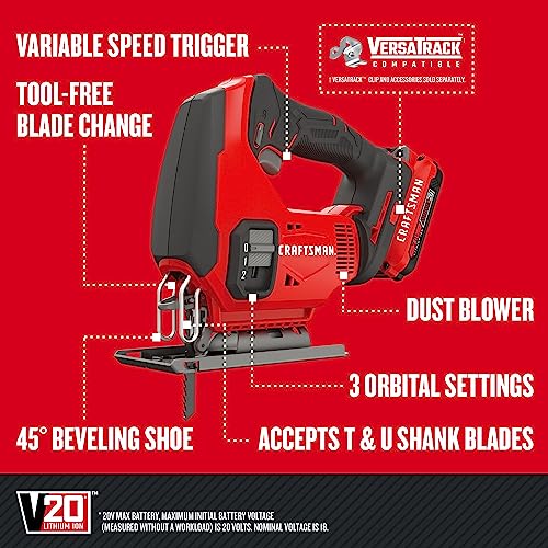 CRAFTSMAN V20 Cordless Jig Saw Kit, 3 Orbital Settings, Up to 2,500 SPM, Battery and Charger Included (CMCS600D1) by CRAFTSMAN - Image 3