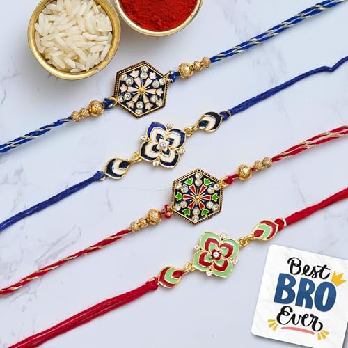 Image of eCraftIndia Set of 4 Multicolor Semi Precious Rakhis with Roli Chawal Pack and Best Bro Ever Fridge Magnet - Rakhi for Brother, Bhaiya, Bhai