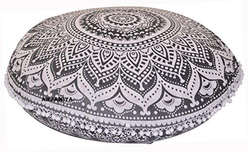 Anjaniya - 32" Ombre Mandala Bohemian Yoga Meditation Floor Pillow Cover Comfortable Home Cushion Couch Seating Large Zipped Throw Hippie Decorative Ottoman Boho Indian (Grey, 32 Inches) #TOP4