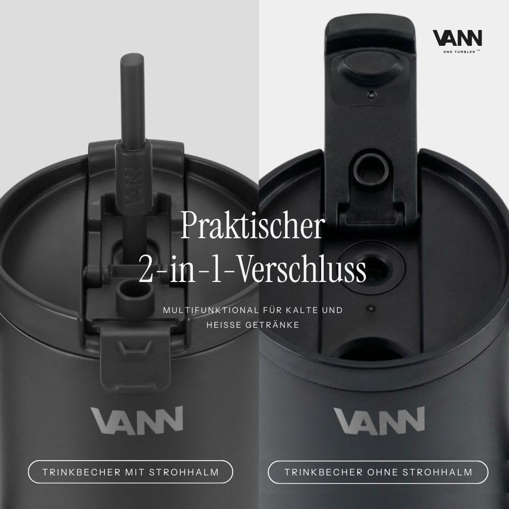 VANN Trinkflasche mit Strohhalm 1,2L - Tumbler zertifiziertem Edelstahl | 2-in-1-Deckel Trinkbecher Auslaufsicher & 3-fach Isolierung - Trinkbecher mit Deckel und Strohhalm [BPA-frei] - One Schwarz