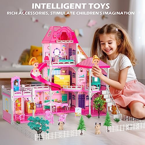 Doloowee Puppenhaus, 3 Etagen Dollhouse, Mädchen DIY Haus mit Zubehör und Puppen,Geschenk für Kinder ab 3 Jahren