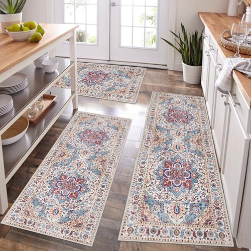 Cekene Vintage Kitchen Rug Runners Non-Skid Hallway Runner Washable Low Profile Kitchen Floor Mats Oriental Carpet Rugs for Hallway Bathroom Bedroom Sink (3 Pcs)