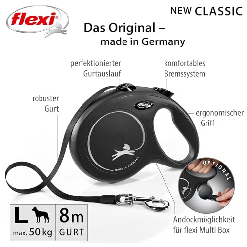 flexi® Classic L Gurt 8 m schwarz, Roll-Leine für Hunde bis 50 kg