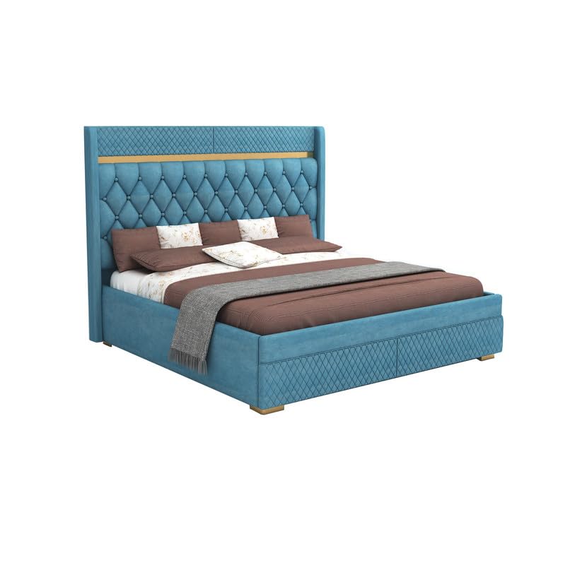 Image of MAMTA DECORATION Solid Wood Queen Size Bed with Box Storage | Premium Velvet Upholstered Tufted Headboard Palang Cot Bed | Modern Wooden Double Bed for Bedroom, Home, Hotel & Guest Room | Blue Finish