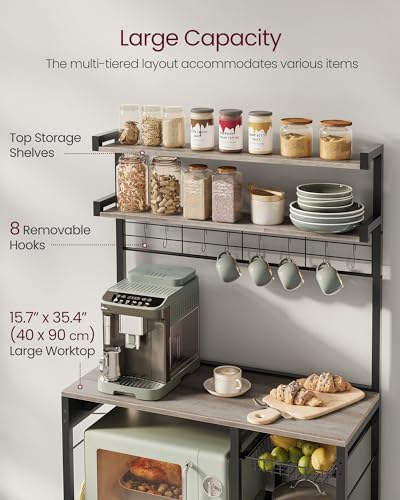 Image of VASAGLE Bakers Rack with Power Outlet, 35.4 Inches Microwave Stand, Coffee Bar, 4 AC Outlets, with Adjustable Shelves, 8 S-Hooks, Basket, Spice Racks, Heather Greige and Ink Black UKKS031K02