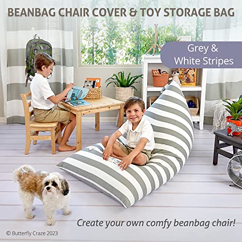 Butterfly Craze Bean Bag Stuffed Animal Storage Cover & Organizer - Grey Stripes - Fill With Stuffed Animals To Create Jumbo Floor Chair Lounger