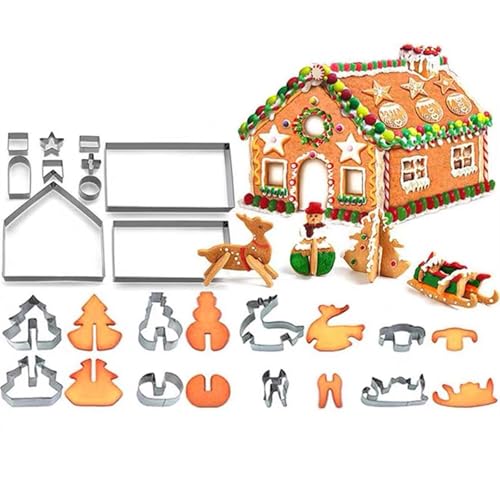Honicemar 18 Pcs Silver Christmas Gingerbread House Cookie Cutters Biscuit Cutters Stainless Steel Metal Baking Mould 3D Cookie Cutters Shapes Christmas Holiday DIY Baking Tools