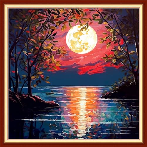 Image of Foxdiviy Stamped Cross Stitch Kits Full Range of Embroidery Needlework Starter Kits for Beginners Adults 11CT Embroidery Patterns Art Crafts DIY Needlepoint Kits-Moonlight Scenery 18x18 inch