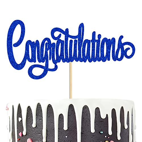 Blue Glitter Congratulations Cake Topper - Congrats Grad Graduation Party Photo Props, Wedding/Birthday/Retirement Party Supplies #TOP6
