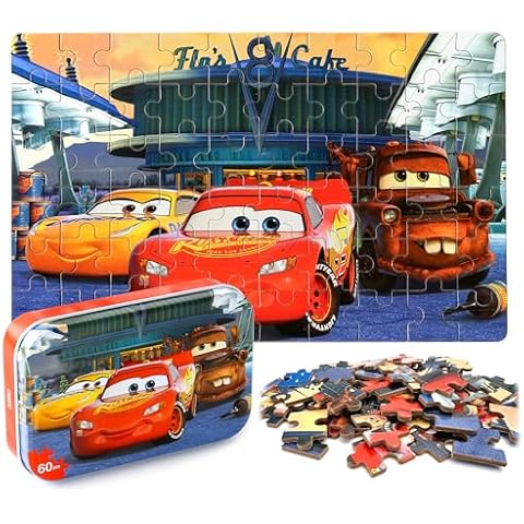 LELEMON Car Jigsaw Puzzles in a Metal Box 60 Pieces Lightning Jigsaw Puzzle for Kids Ages 4-8 Children Learning Educational Puzzles Toys Cover