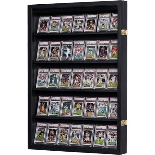 35 Baseball Card Display Case - Graded Sports Card Display Frame Metal Clasp & UV Protection Acrylic Front Baseball Football Basketball Hockey Trading Card Collection Holder (Black 1 Pack)