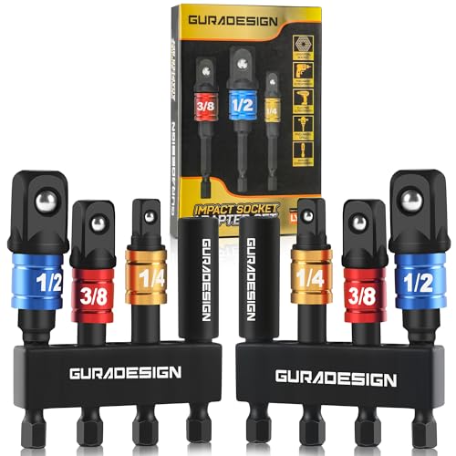 GURADESIGN 8-Piece Impact Socket Adapter Set for Drill, 1/4' 3/8' 1/2' Hex Shank Impact Driver Socket Adapter, Socket to Drill Adapter