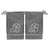 Monogrammed Hand Towel, Personalized Gift, 16 x 30 Inches - Set of 2 - Silver Embroidered Towel - Extra Absorbent 100% Turkish Cotton- Soft Terry Finish - for Bathroom, Kitchen and Spa- Script B Gray