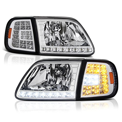 VIPMOTOZ LED Strip Headlight & Turn Signal Corner Lamp For 1997-2003 Ford F150 & Expedition - Metallic Chrome Housing, Driver and Passenger Side