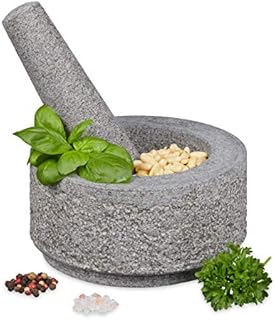 Relaxdays Mortar and Pestle Granite Unpolished Durable Solid for Spices and Herbs Stone Mortar Diameter 14 cm Grey
