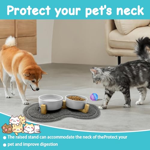 Grau Keramik Hundenapf Katzennapf Fressnapf Napf für Hund Katzen mit Massivholz Ständer,Glocke und Rutschfester Unterlage,Hundenapf Keramik für Katzen Hunde Welpe Futter und Wass Wood Stand – Bild 4