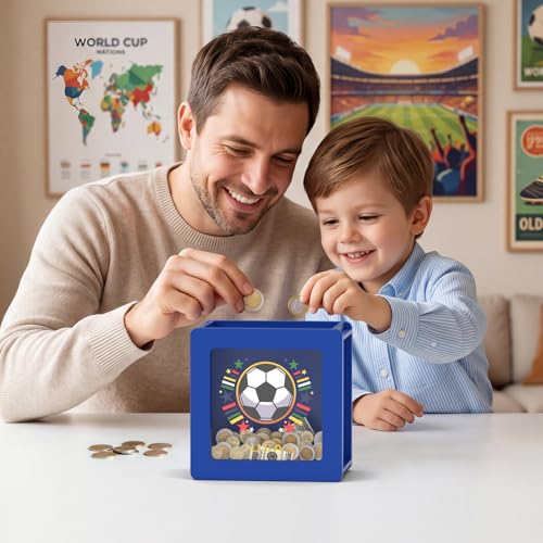 Image of Summidate Wooden Soccer Money Box, World Cup Theme Piggy Bank for Kids and Adults, Personalized Football Savings Jar with Clear Window and DIY Stickers, Decorative Sports Gifts for Teenagers & Fans