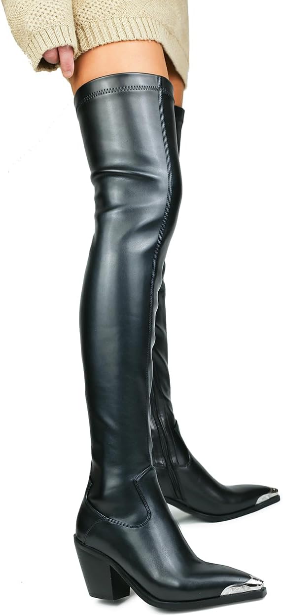 HiColor Womem's Pointed Toe Fashion Thick Heels Thigh High Boots Ladies Elastic Side Zippers Long Boots