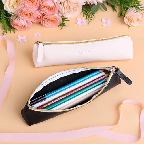 Image of 2Pcs Leather Pencil Case, Zipper Small Pencil Pouch, Aesthetic Portable Travel Cosmetic Bag, Lovely Stationery Bag for Pens Pencils Markers(Beige+Black)