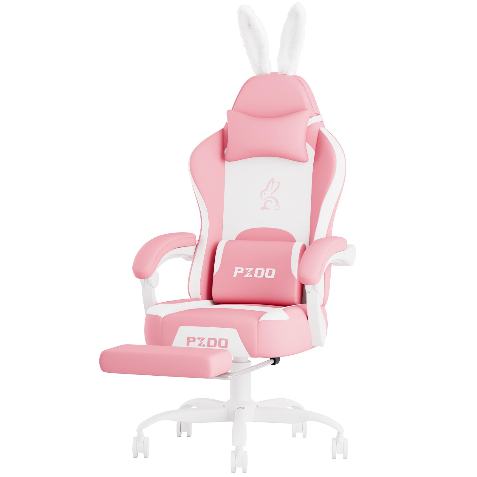 Meesus Sillas de juego rosas para adultos, niñas y mujeres, silla de computadora Kawaii de respaldo alto con orejas de conejo y soporte lumbar, silla de tocador reclinable, sillas de oficina de