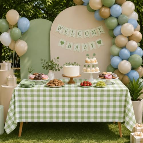 Image of Blue Orchards Sage Green Gingham Table Cover (Pack of 3 with 20 Glue dots) - 54 inchx108 inch XL - Sage Green and White Checkered Picnic Tablecloth, Baby Shower Decoration, Outdoor Birthday Party Supplies