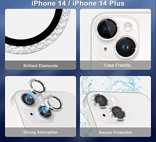 Image of Diamond Camera Lens Protector for iPhone 14 /14 Plus | Metal Ring Lens Guard | Scratch Resistant | HD Clear | Easy Install | Shock & Dust Protection Silver Diamond