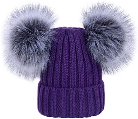 YoungSoul Women's Ribbed Winter Knitted Bobble Hat Double Faux Fur Pom Pom Beanie
