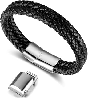 WOLF Men's Leather Braided with Magnetic Clasp Bracelet 17cm, Black)
