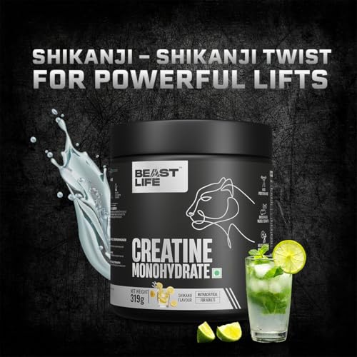 Image of BeastLife Micronised Creatine Monohydrate with Free Shaker | 319 g | 86 Servings | Shikanji | NABL Lab Tested | Rapid Absorption for Muscle Strength & Athletic Performance | Super Micronised Creatine Powder