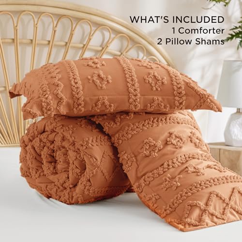 Bedsure Tufted Boho Comforter Set Queen Size - Pumpkin Boho Bed Set, GentleSoft™ 3 Pieces Farmhouse Shabby Chic Embroidery Bedding, Gifts for Woman, Soft Jacquard Queen Comforter for All Seasons