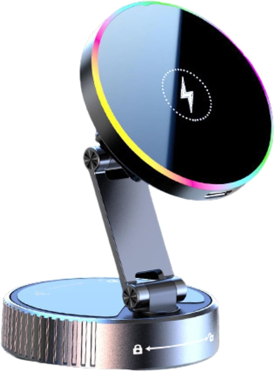 ZPSHYD for 15W MagSafe Car Mount Charger, Magnetic Wireless Car Charger with 7 Color RGB Ambient Light, Foldable 360° Adjustable Car Phone Holder for IP 16/15/14/13/12 and QI Smartphones