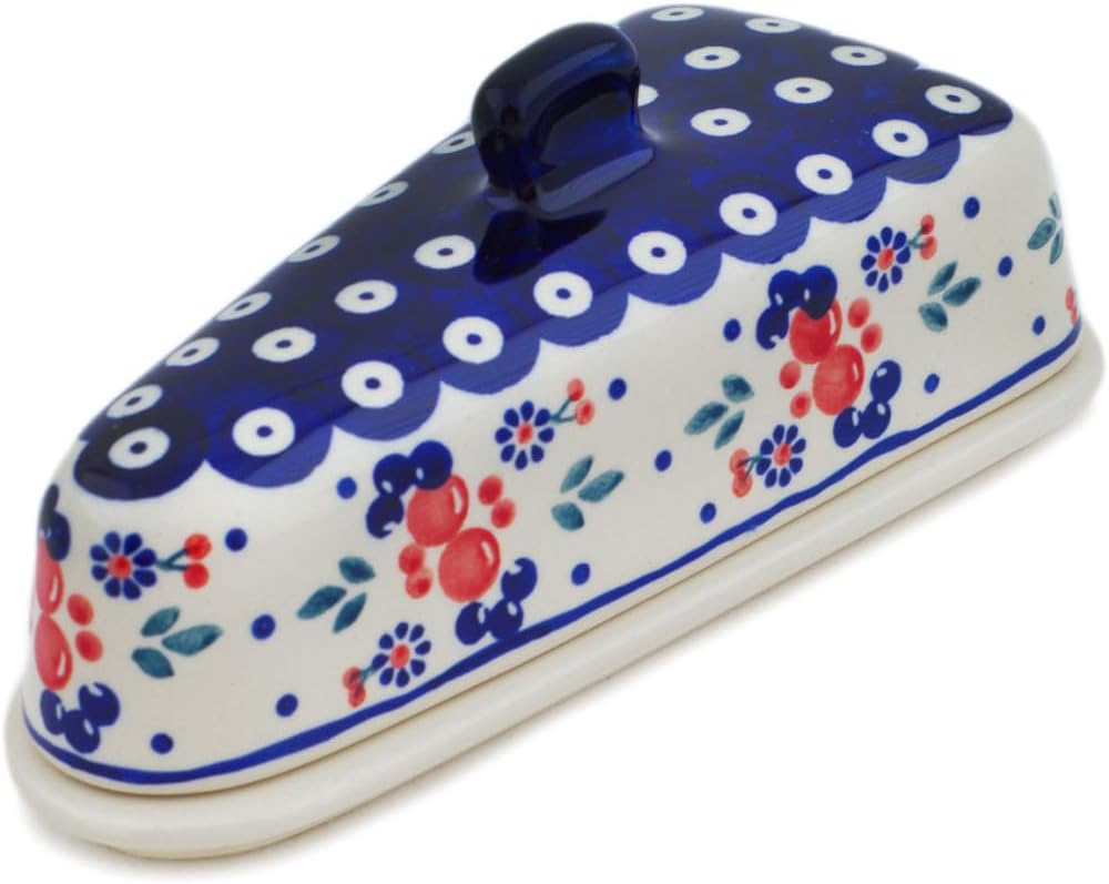 Polmedia Polish Pottery Cheese Dish - Burst Of Berries Pattern Handmade in Boleslawiec Poland + Certificate of Authenticity
