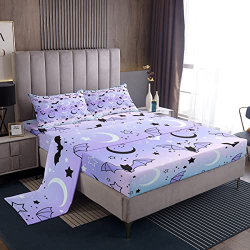 Halloween Sheets with Deep Pocket Fitted Sheet Rainbow Sheet Set for Boys Girls Children Bat Moon Star Print Bed Sheets Set Halloween Theme Purple Gradient Style Room Decor Queen Size Beddin