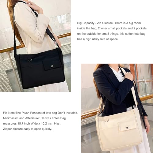 Image of Cotton Tote Handbag Women Canvas Crossbody Beach Bag Hobo Shoulder Tote Bag with 3 External Pocket,Zipper Closure