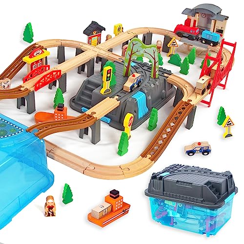 WoodenEdu 100Pcs Wooden Train Set for 3 Year Old Boys, Double-Side Train Set Tracks with Bridge Train Station & Storage Box, Fits Brio, Thomas, Melissa and Doug, Kids Gift Toys for Boy 3-7 (100pcs)