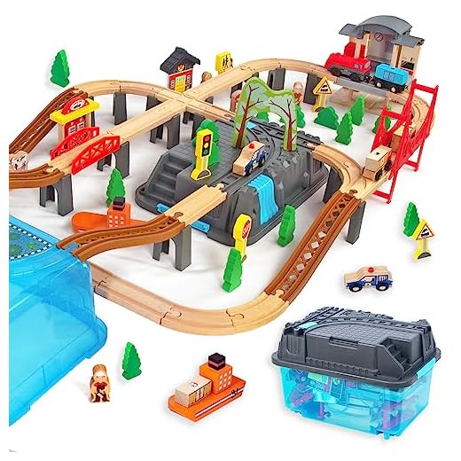 WoodenEdu 100Pcs Wooden Train Set for 3 Year Old Boys, Double-Side Train Set Tracks with Bridge Train Station & Storage Box, Fits Brio, Thomas, Melissa and Doug, Kids Gift Toys for Boy 3-7 (100pcs)