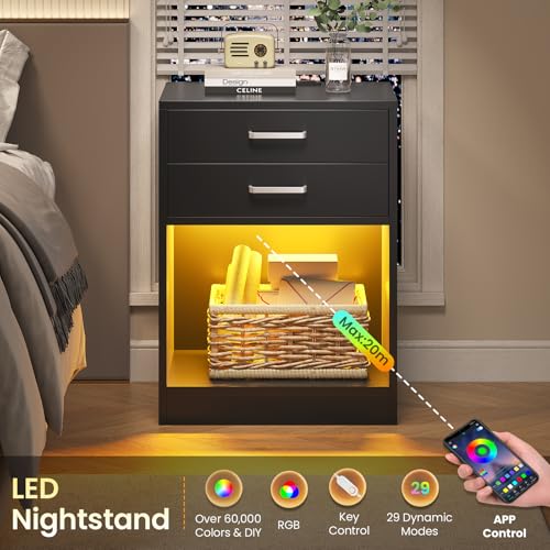 ADORNEVE LED Nightstands Set of 2,Night Stands for Bedrooms Set of 2,Nightstand with Charging Station and LED Lights,Black Bedside Table with Power Outlets & Drawers,Modern End Side Table - Thumbnail 3