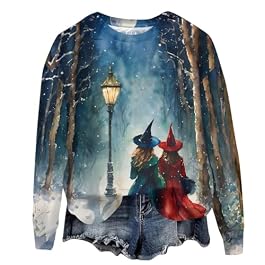 Womens Halloween Sweatshirt Witch Graphic Pullover Vintage Halloween Long Sleeve Crewneck Print Tops