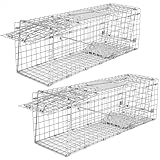 Qualirey 2 Pack Live Animal Trap Cage 17 x 7.09 x 8.27 Inch Cat Trap Cage Foldable Steel Humane Catch and Release Animal for Groundhog Squirrel Raccoon Mole Gopher (Silver)