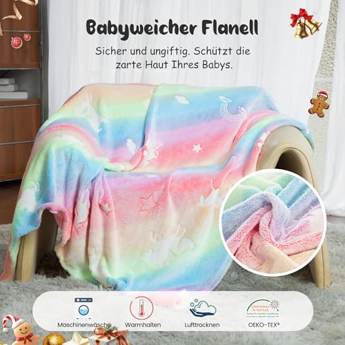 Winthome Kuscheldecke Kinder, Deck Glow In The Dark, Fleecedecke Weiche Flauschig, Babydecke Warme Kuschelig, Sofadecke für Mädchen Junge, Geschenke, Passend zu Allen Jahreszeiten (120x150cm,Einhorn)