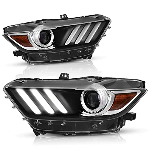 AUTOSAVER88 Projector Headlights Assembly Compatible with 15 16 17 2015 2016 2017 Ford Mustang Headlamp Replacement Pair Black Housing Amber Reflector
