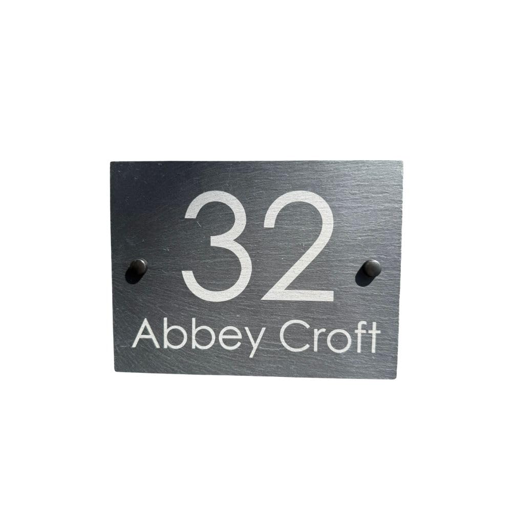 Personalised Slate House Sign 20 x 15cm, House Number & Street Name, Laser Engraved Natural Slate Address Plaque, Rectangle Outdoor Door Sign with Wall Plugs, Screws & Caps, UK Made (Style 3)