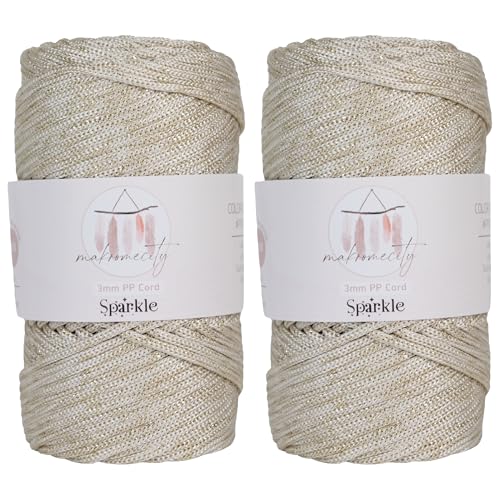 Makromecity Sparkle 2 Skeins of Polypropylene Macrame Cord 3mm x 131 Yards (394 feet) Premium Polyester Macrame Cord for Macrame Art & Crafts for Wall Hangings, Bags, Underplate, Rug