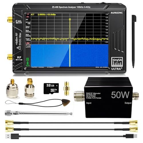 AURSINC TinySA Ultra+ ZS406 Spectrum Analyzer with 50W Attenuator, 2025 Upgraded 100kHz-5.4GHz V0.4.6 Portable Frequency Analyzer with 32Gb Card, 2-in-1 Signal Generator 100kHz to 900MHz Input