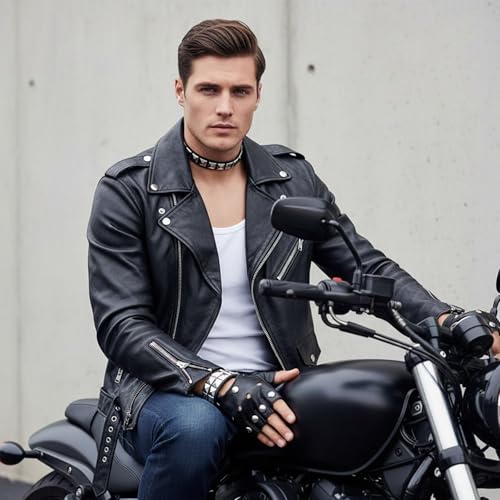 4-teiliges Rocker Kostüm Accessoire Set, Punk Nietenarmband Handschuhe und Halsband Schwarz Gothic Set Nietenarmband und Halsband für Karneval und Mottoparty