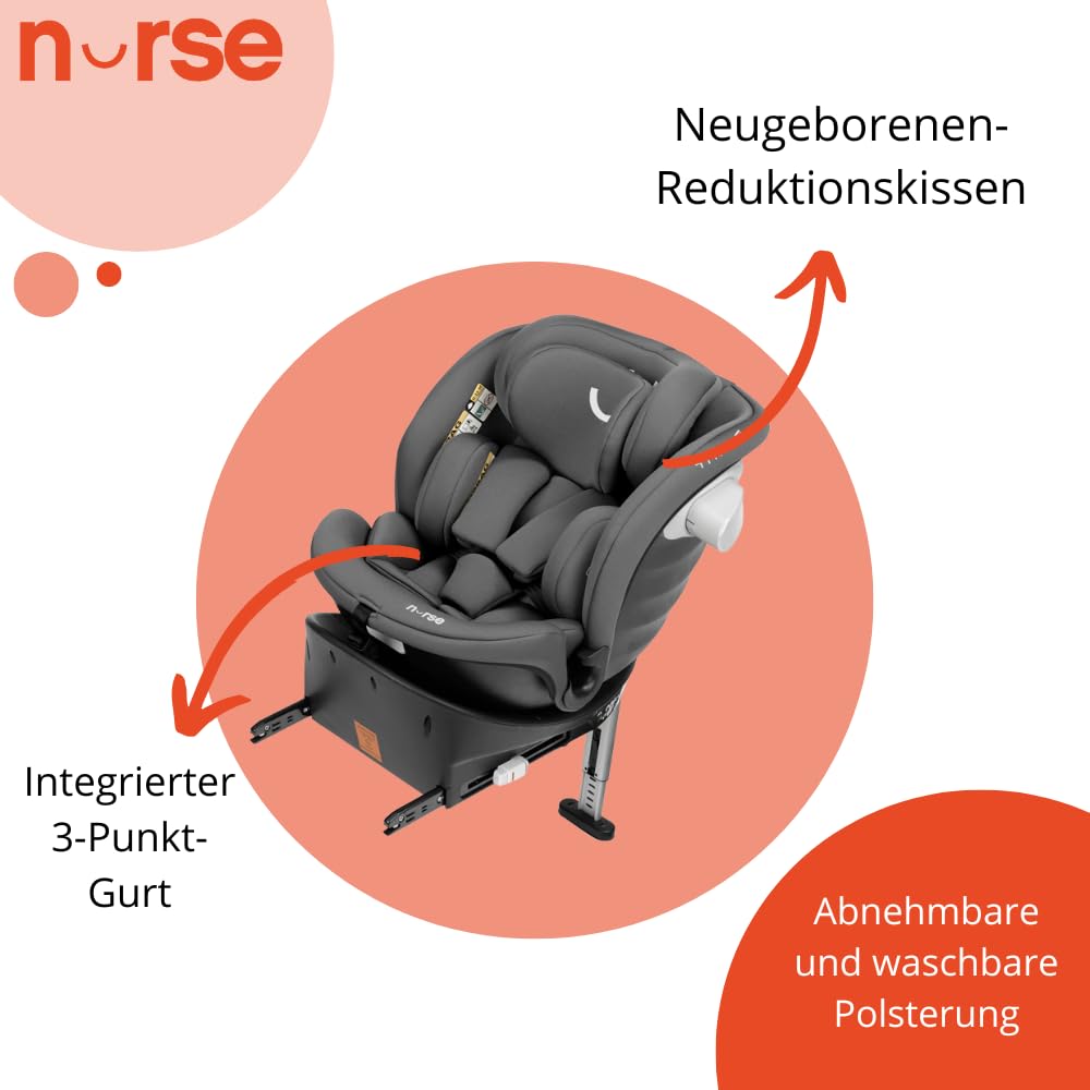 Nurse Titane Kindersitz i-Size 40–150 cm, 360° drehbar, ISOFIX mit Stützbein, Rückwärts- und Vorwärtsgerichtet, Seitenschutz, Grau