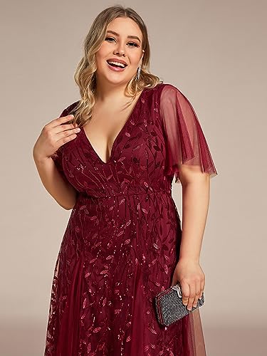 Image of Ever-Pretty Women's Sequin V Neck Plus Size Formal Dresses Evening Gown | Short Sleeve, A-Line, Empire Waist, Plus Size Mother of the Bride Dresses, Plus Size Gala Dress
